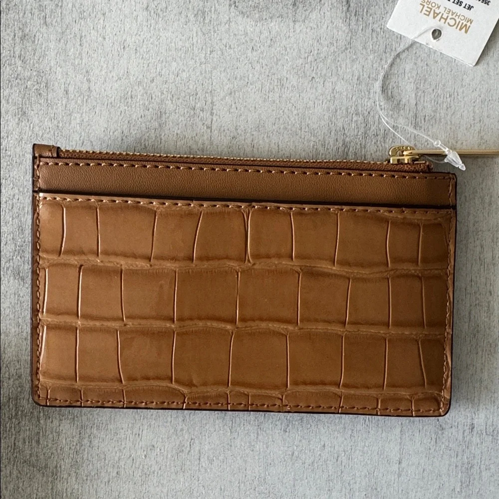 Michael Kors Logo Jet Set Travel Med Tan Croc-Embossed Card Holder Wallet